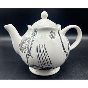 Magenta Exclusives White w/ Black Fork Spoon Knife Graphics Ceramic Teapot 80oz